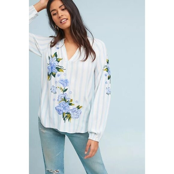 ANTHRO Akemi & Kin | Floral Embroidered & Striped Blouse - Picture 3 of 16